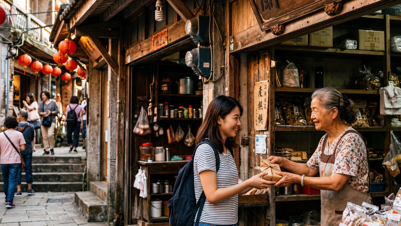 古道旁的老街小店，旅人向店家買在地名產